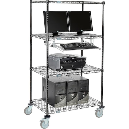 Nexel 4-Shelf Mobile Wire Computer LAN Workstation w/ Keyboard Tray, 36inW x 24inD x 69inH, Black 250115BK